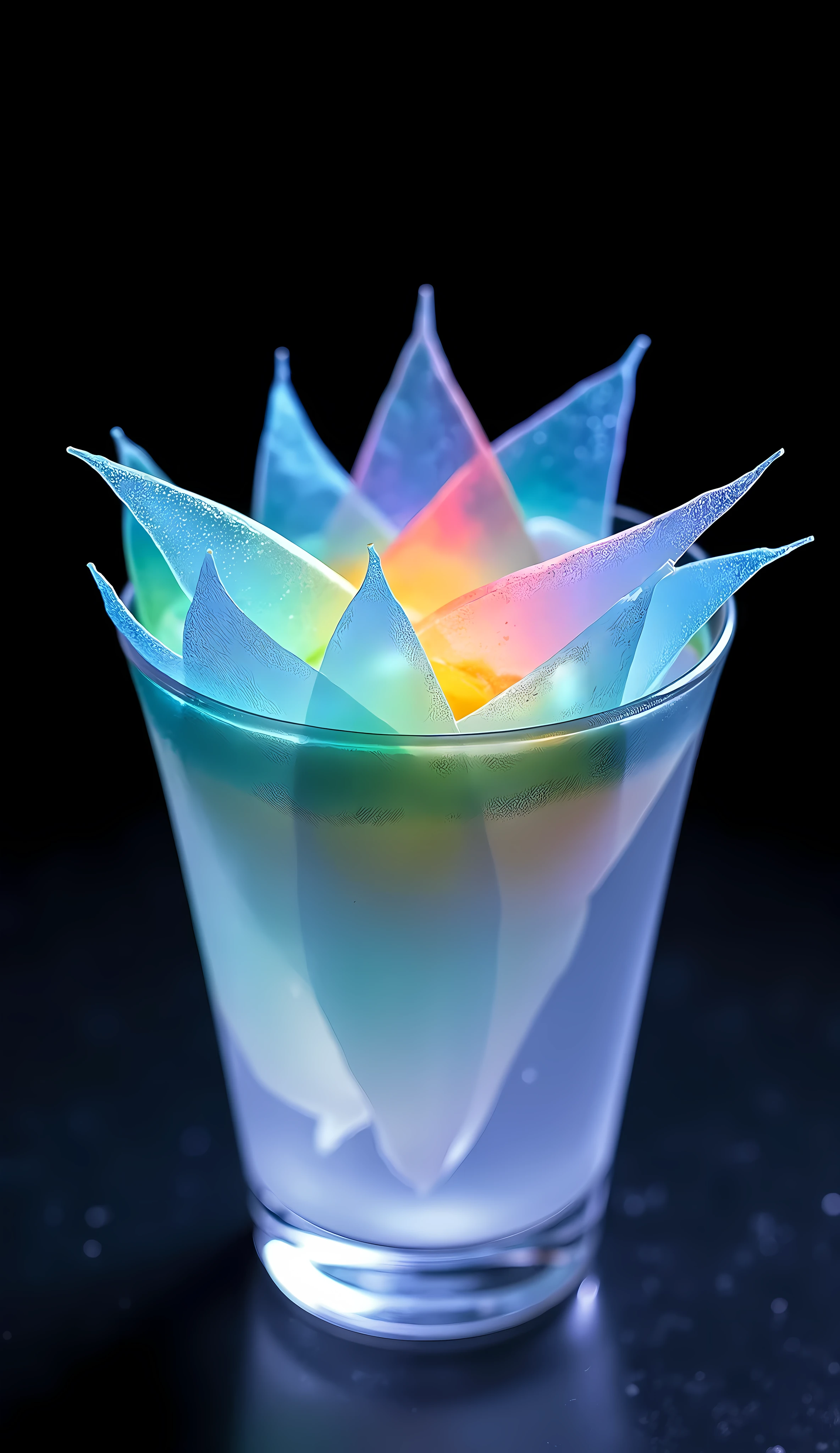 (Shaved Ice, colorless transparent lower layer ), ( topping placed on top ,  clear thinly sliced flag shaped daikon,  shape reminiscent of auroras ), Rainbow-colored aurora syrup sprinkled only on the upper layer,  highly transparent crystal vessel, A dark background that attracts the protagonist , BREAK changes tropical colors from the lower layer to the upper layer slowly 々It will change to a tropical color,  The finest item inspired by auroras above a glacier, Illuminated by rainbow-colored cinema lights , 