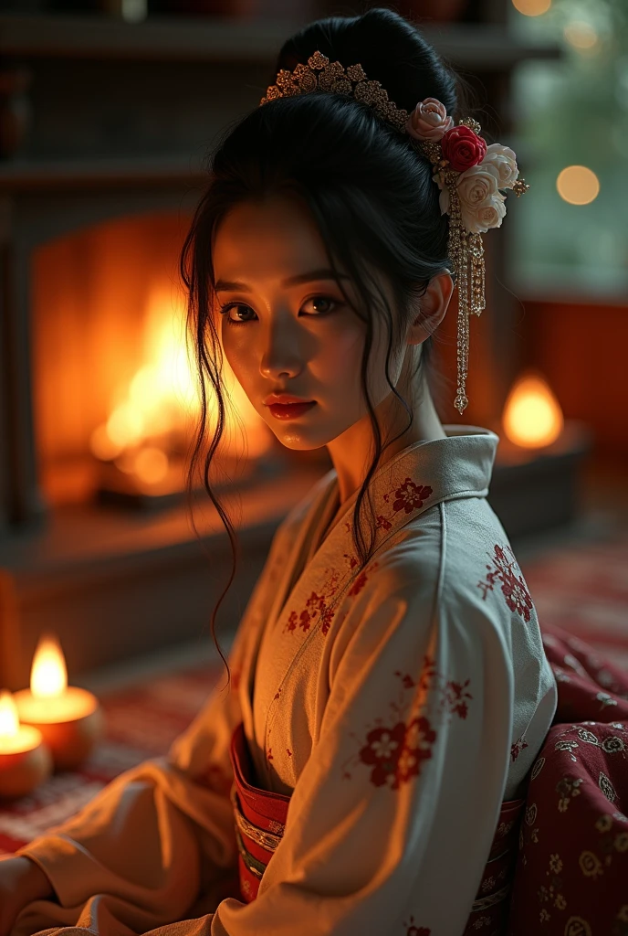 girl、Beauty、Red colored kimono、Exposing shoulders、girl座り、front、Tatami room、Powder、Shoji screen、tatami、Dark atmosphere、candle、Oiran、Tied hairstyle、hairpin、Close-up