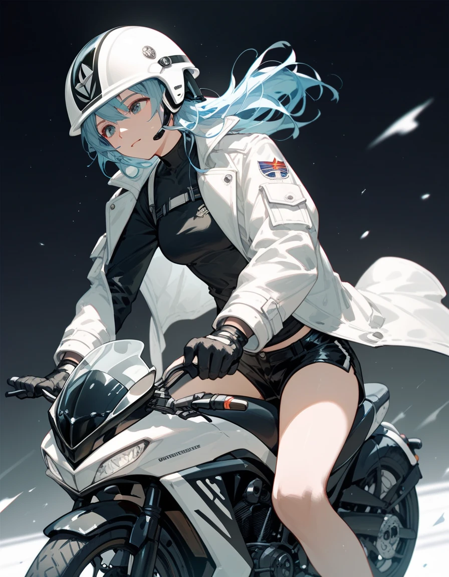  , White coat, Medium Chest,cool, With Black Shorts ,Black shirt with black sleeves , shorts, wear gloves, with white helmet , riding a black motorcycle