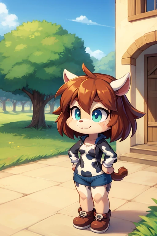 (masterpiece, best quality, highres, ultra detailed:1.2), (solo, 1girl, furry female, cowboy shot), sable_(ac), brown fur, freckles, half-closed eyes, striped tail, black eyes, plaid apron, snout, hedgehog girl, chubby, no mouth, (meadow, daisies, detailed background:1.1)