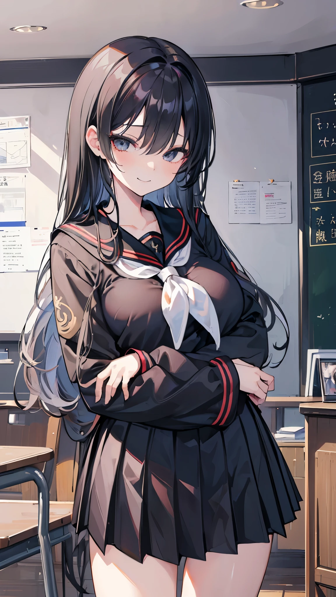 (8K、Top image quality、top-quality、​masterpiece)、A detailed face、1 girl in、A dark-haired、medium hair、twintails、Golden eyes、A slight smil、large full breasts、serafuku、black mini skirt、wide hips、thighs、pantyhose、cowboy  shot、Classroom Background