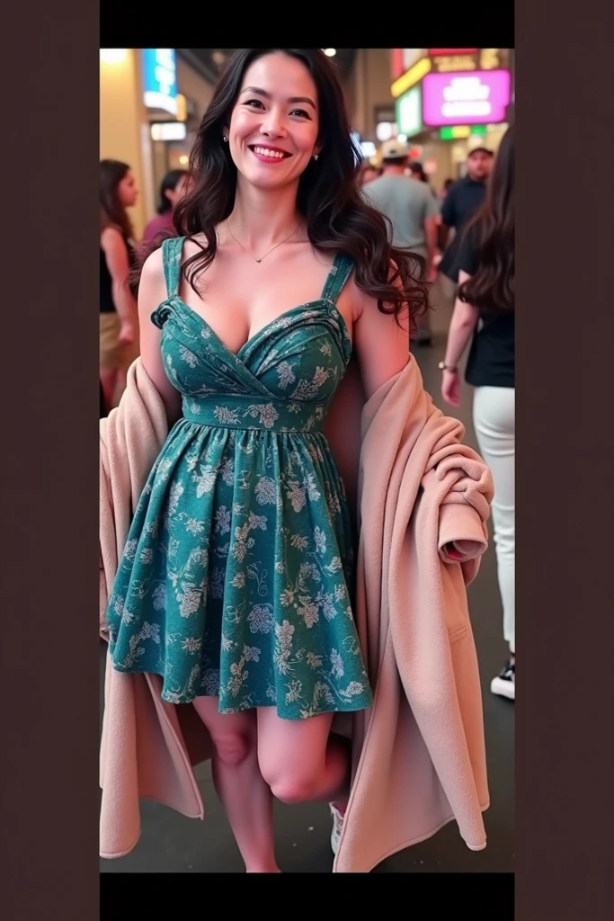 ((best quality)), ((masterpiece)), ((wear  shirt)), ((standing near garden)),  (detailed),"Generate an ultra-realistic, high-resolution headshot of a 40-year-old woman with a very short green skirt . with cleavage,((smiling)),((slim waist)),((((very cute japanese woman))))