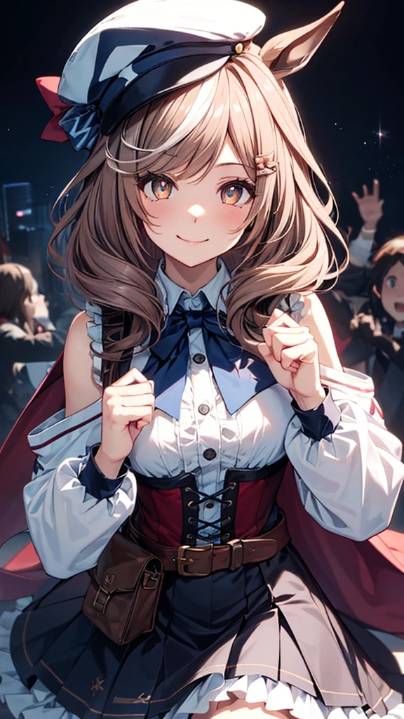 (Upper body),stand, ((clenched hands)), (hands up:1.2),1girl, solo,matikanetannhauser \(umamusume\), cabbie hat, blue headwear, blue bowtie, cape, white shirt, collared shirt, shoulder cutout, puffy long sleeves, center frills, corset, belt pouch, belt, blue skirt, frilled skirt, (cheerful smile, closed mouth), masterpiece,Noise Reduction,perfect anatomy,high resolution, ultra-detailed, ultra-detailed face,game cg,dutch angle ,beautiful detailed eyes,visualart,five fingers, perfect hands, perfect lighting, sparkling pupils,