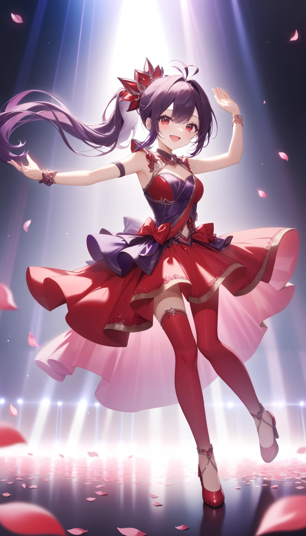 {{masterpiece}}、very detailed hands、 Attention to Details 、(( 1 girl))、 solo full body shot、 Viewers' Perspective 、dance、(smile)、 winks、Cheek、Eye Makeup、((Dark purple hair、antenna hair、 asymmetry　 ponytail 、Red eyes:1.3))、gorgeous red idol costume 、Solo Idol、 tiara 、Cute shoes with high heels 、Concert Dome、Live、dynamic pose、 smiling with her mouth wide open、Laser Light、 Spotlight、Tons of petals dancing 、Sparkling effects