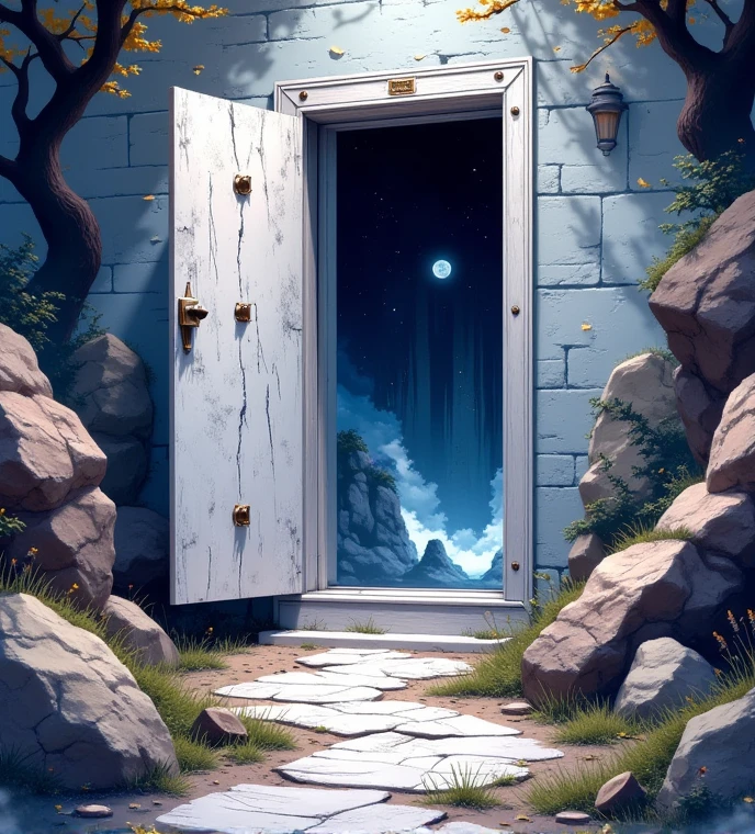  enigmatic portal ,  half-hinged door leading to a vast area ,  white multidimensional space ,  dark background expressed with deep gradation,  simple abstract painting ,  antique gothic style , Mysterious, cost per click , ROUGH， owl under guard，