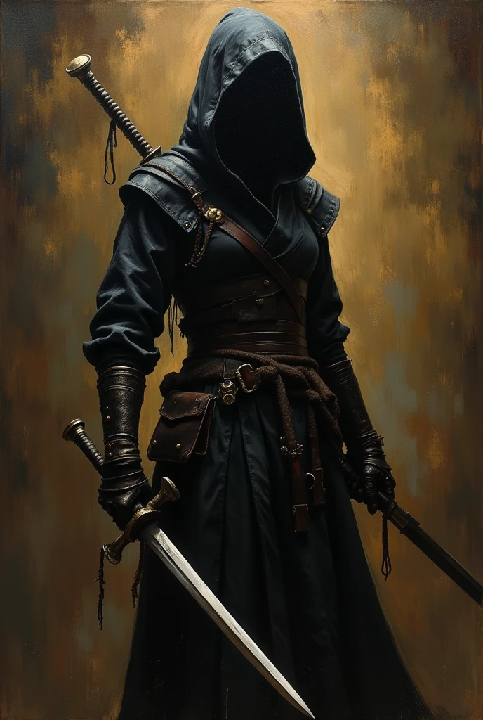 detailed renaissance oil painting, masterpiece, FredFraiStyle, female japanese ninja assassin, hood, chiascuro, silhoutetted, weapons, directional lighting, masterpiece, perfect composition, perfect hands, cowboy shot
