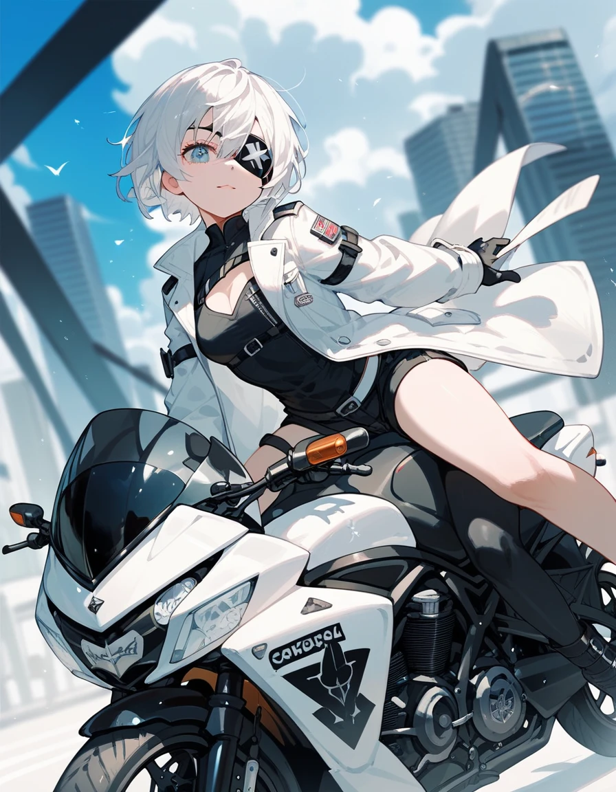  ,White hair,Short hair, in blue eyes, eyes patch, White coat, Medium Chest,cool, With Black Shorts ,Black shirt with black sleeves , shorts, wear gloves, with white helmet , riding a black motorcycle,Cute girl