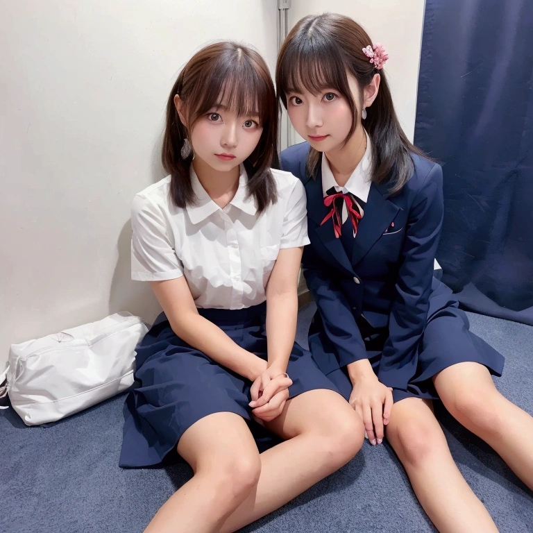 Twin sisters side by side、Japanese junior high school students, Flat Chest, Neat, strict, Honor student, In front of a white wall, Cute Woman, Normal face, look up, smile, Half Open, Japanese women, shape, Genuine,, slender body, 黒い肌 胴bodyに日焼け跡, Double teeth, Spread your legs, Front Angle, Very small breasts, body, Low length, Otaku Girls, Very young, skirt、On all fours、Completely naked
