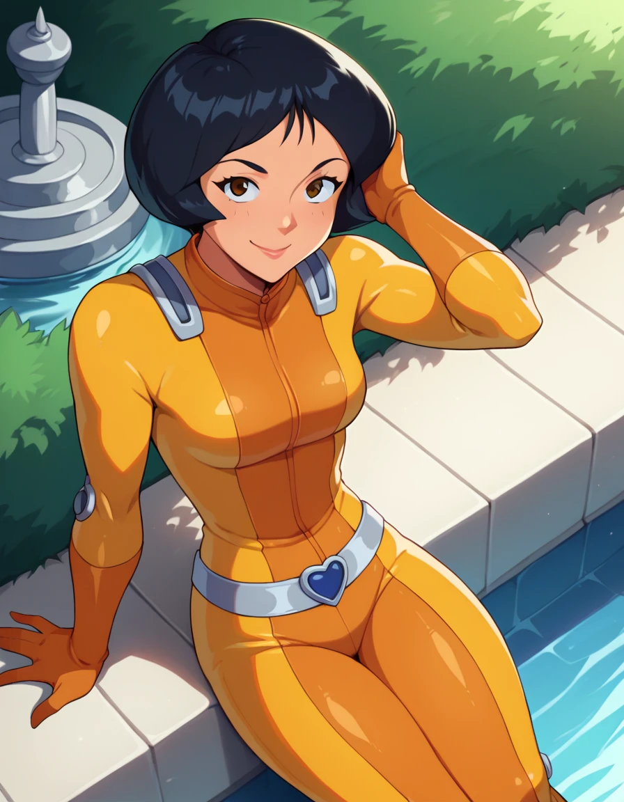 score_9, score_8_above, score_7_above, Fountain of Rest _anime, 1 , Alex \(Totally spies \),  short hair, Yellow jumpsuit, belt, smile, sitting, in front,  Open Legs ,  looking at the spectator, hands behind,  thick thighs , marking, Tight,  Best Quality  