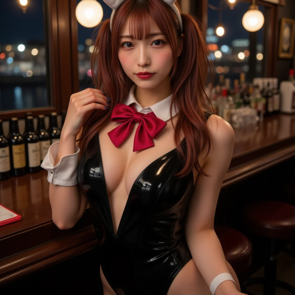 (8k wallpaper, Raw photography, top-quality,, masterpiece:1.2), full body Esbian, 1girl in, 20yr old, long focus girl), velvet, Gentle face, Beautiful eyes,(latex red bunny girl costume), fishnet tights,Small butt, (Ass Ami tights), (Rabbit tail:1.3), Rabbit tail on the buttocks, Brown Shorthair, White choker and black bow tie, White cuffs, play girl, (Red Bunny Girl Costume:1.2), Night illumination venue,Christmas tree,super detailed bunny girl costume,hyperdetailed face,ultradetailed eyes