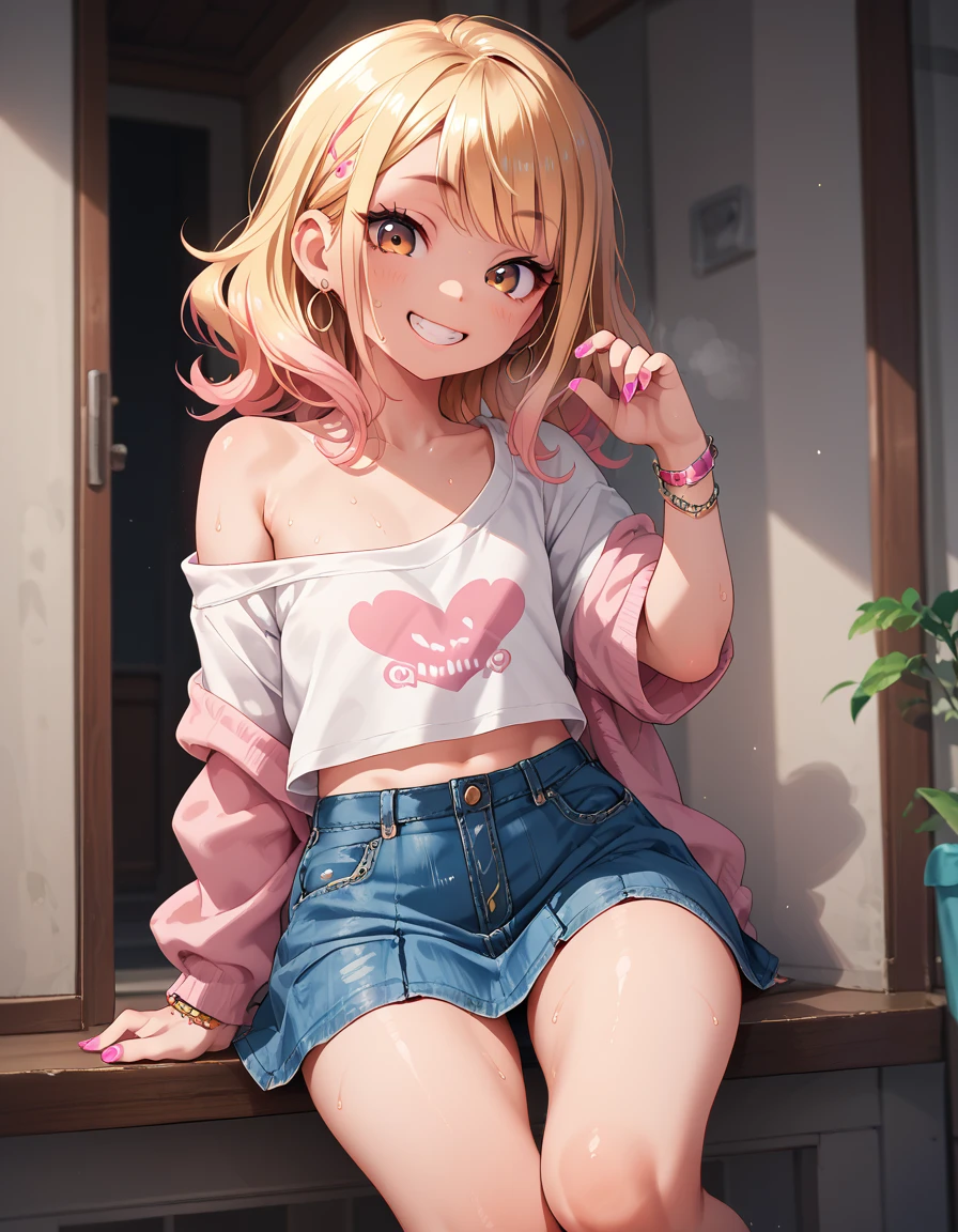 1girl,gyaru,loli,smile,off shoulder,denim skirt,sweating,