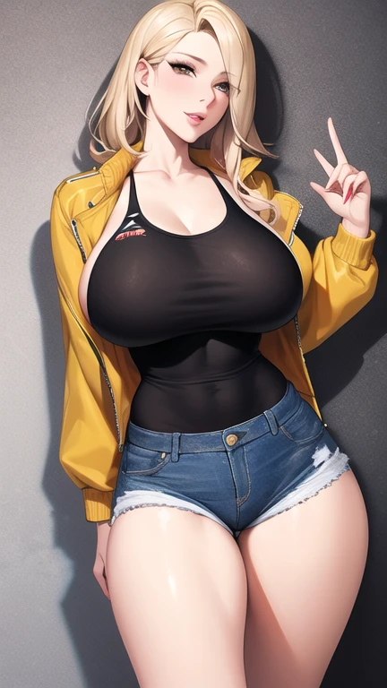 whole body, (masterpiece), ( best quality),  ultra high resolution,   super detailed ,  Detail Eyes,  complicated, One mature woman, Blonde,  putting their fingers in their lips, Busty, Dynamite Glamorous Body , Captain Gotei 13 Corps 2 , thick thighs ,  clevis, clavicle, denim, denim Shorts,  jacket,  Long Sleeve , ((open clothes)), open  jacket, partially Unzip, yellow  jacket,  shirt, short Shorts, Shorts,  tank top , track  jacket, Unzip, ((Busty, Wife&#39;s Big Ass, Tight clothes ,  clevis,  putting their fingers in their lips)), ( abs:0.8),  choker,  Thigh Panties ,Underboob (Realistic:1.2), ( realism), (masterpiece:1.2), ( best quality), (  super detailed ), (8k, 4K,  complicated), (85mm), Particles of light, illumination, ( high definition:1.2), ( detailed face :1.2), ( gradient ),  colorful , ( Detail Eyes:1.2), ( detailed background), Detailed landscape, (dynamic angles:1.2), (rule of third_  Composition  :1.3), (Formulation policy focuses on :1.2)( beautiful face)( beautiful hands)( beautiful feet)