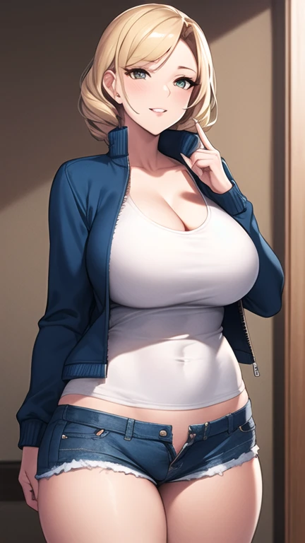 whole body, (masterpiece), ( best quality),  ultra high resolution,   super detailed ,  Detail Eyes,  complicated, One mature woman, Blonde,  putting their fingers in their lips, Busty, Dynamite Glamorous Body , Captain Gotei 13 Corps 2 , thick thighs ,  clevis, clavicle, denim, denim Shorts,  jacket,  Long Sleeve , ((open clothes)), open  jacket, partially Unzip, yellow  jacket,  shirt, short Shorts, Shorts,  tank top , track  jacket, Unzip, ((Busty, Wife&#39;s Big Ass, Tight clothes ,  clevis,  putting their fingers in their lips)), ( abs:0.8),  choker,  Thigh Panties ,Underboob (Realistic:1.2), ( realism), (masterpiece:1.2), ( best quality), (  super detailed ), (8k, 4K,  complicated), (85mm), Particles of light, illumination, ( high definition:1.2), ( detailed face :1.2), ( gradient ),  colorful , ( Detail Eyes:1.2), ( detailed background), Detailed landscape, (dynamic angles:1.2), (rule of third_  Composition  :1.3), (Formulation policy focuses on :1.2)( beautiful face)( beautiful hands)( beautiful feet)