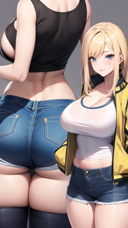 whole body, (masterpiece), ( best quality),  ultra high resolution,   super detailed ,  Detail Eyes,  complicated, One mature woman, Blonde,  putting their fingers in their lips, Busty, Dynamite Glamorous Body , Captain Gotei 13 Corps 2 , thick thighs ,  clevis, clavicle, denim, denim Shorts,  jacket,  Long Sleeve , ((open clothes)), open  jacket, partially Unzip, yellow  jacket,  shirt, short Shorts, Shorts,  tank top , track  jacket, Unzip, ((Busty, Wife&#39;s Big Ass, Tight clothes ,  clevis,  putting their fingers in their lips)), ( abs:0.8),  choker,  Thigh Panties ,Underboob (Realistic:1.2), ( realism), (masterpiece:1.2), ( best quality), (  super detailed ), (8k, 4K,  complicated), (85mm), Particles of light, illumination, ( high definition:1.2), ( detailed face :1.2), ( gradient ),  colorful , ( Detail Eyes:1.2), ( detailed background), Detailed landscape, (dynamic angles:1.2), (rule of third_  Composition  :1.3), (Formulation policy focuses on :1.2)( beautiful face)( beautiful hands)( beautiful feet)