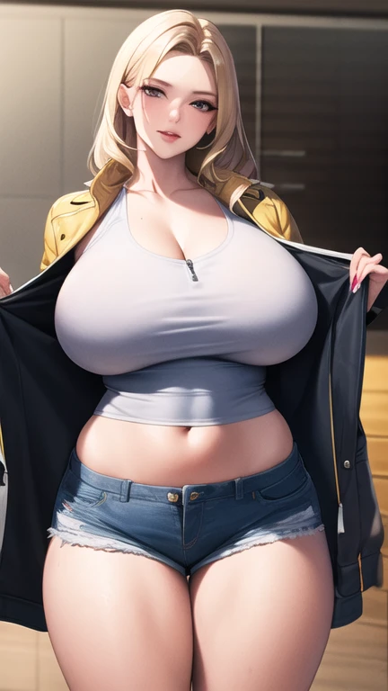 whole body, (masterpiece), ( best quality),  ultra high resolution,   super detailed ,  Detail Eyes,  complicated, One mature woman, Blonde,  putting their fingers in their lips, Busty, Dynamite Glamorous Body , Captain Gotei 13 Corps 2 , thick thighs ,  clevis, clavicle, denim, denim Shorts,  jacket,  Long Sleeve , ((open clothes)), open  jacket, partially Unzip, yellow  jacket,  shirt, short Shorts, Shorts,  tank top , track  jacket, Unzip, ((Busty, Wife&#39;s Big Ass, Tight clothes ,  clevis,  putting their fingers in their lips)), ( abs:0.8),  choker,  Thigh Panties ,Underboob (Realistic:1.2), ( realism), (masterpiece:1.2), ( best quality), (  super detailed ), (8k, 4K,  complicated), (85mm), Particles of light, illumination, ( high definition:1.2), ( detailed face :1.2), ( gradient ),  colorful , ( Detail Eyes:1.2), ( detailed background), Detailed landscape, (dynamic angles:1.2), (rule of third_  Composition  :1.3), (Formulation policy focuses on :1.2)( beautiful face)( beautiful hands)( beautiful feet)