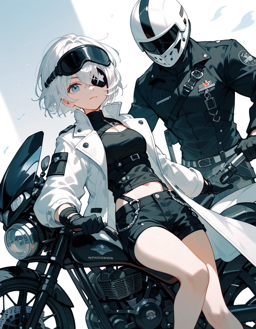  ,White hair,Short hair, in blue eyes, eyes patch, White coat, Medium Chest,cool, With Black Shorts ,Black shirt with black sleeves , shorts, wear gloves, with white helmet ,Drive a big black motorcycle,Cute girl