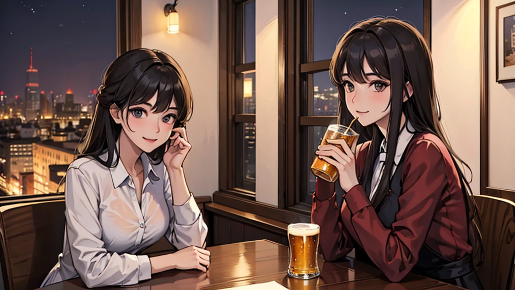 (8k, Highest quality, masterpiece: 1.2), (Realistic, Realistic: 1.37), Very detailed, 1 girl, cute, alone, Beautifully detailed skies, Detailed Cafe, night, Sitting, date, ( Red nose), (smile: 1.15), (Close your mouth) Small breasts, Beautiful details, (Collared shirt: 1.1), night, Wet, Business Wear, rain, White lace, (short hair: 1.2), Floating Hair NovaFrogStyle,