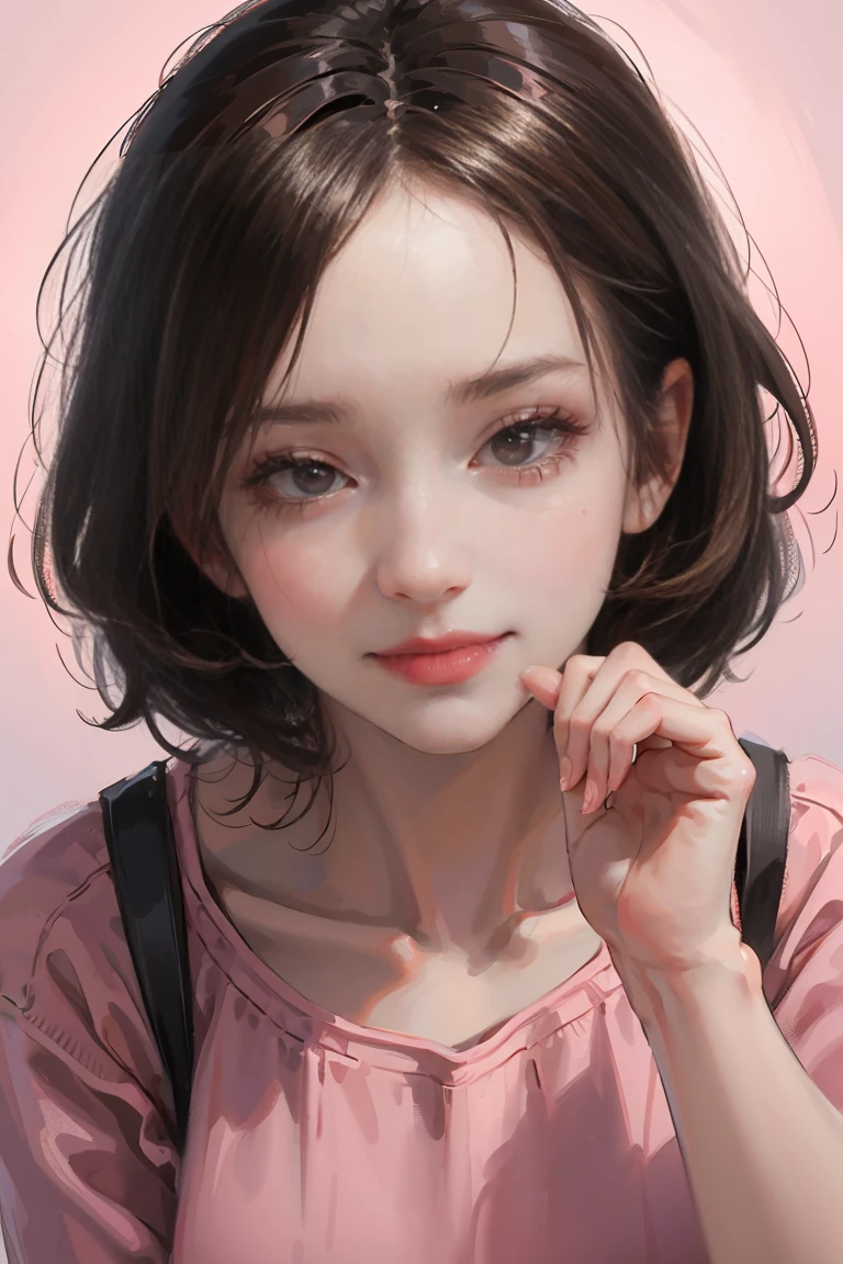 A beautiful girl, 1 girl, short brown hair, brown eyes, a pair of hamster ears on the top of her head, wearing a pink pastel sweater with a white short skirt, cute, smile slightly,dynamic pose, oil paint background,best quality, 8k, highres, masterpiece:1.2, ultra-detailed, HDR, UHD, studio lighting, ultra-fine painting, sharp focus, physically-based rendering, extreme detail description, professional, oil paint colors, bokeh, portraits,close face