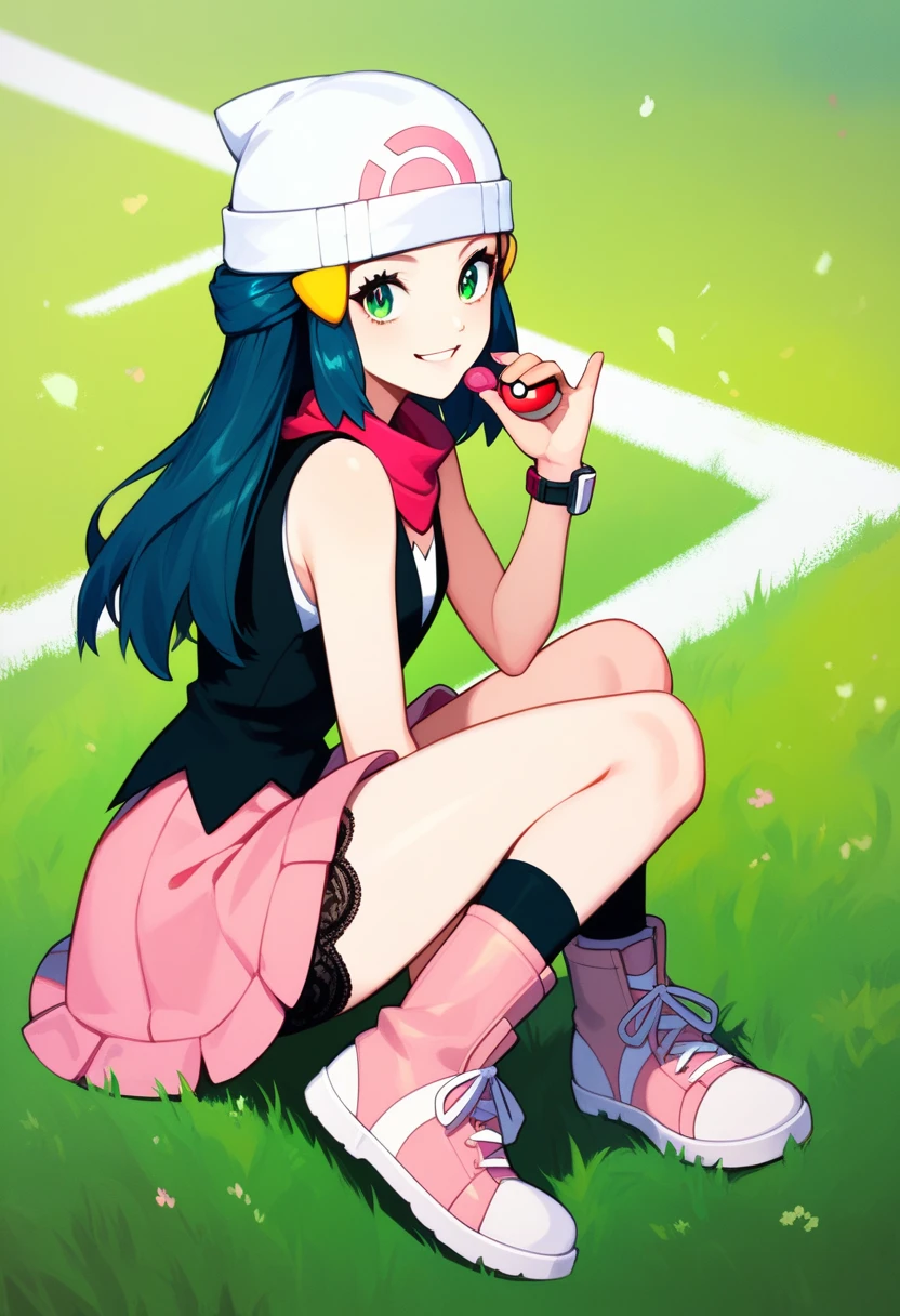 masterpiece,  best quality,  1 girl, dawn \( Pokémon\),  Cap, Wide, green, green eyes,  black sleeveless shirt similar to field background,  pink stole ,  pink skirt, Pink Boots, smile,  putting their fingers in their lips,  Field background and the same , sexy,lace panties