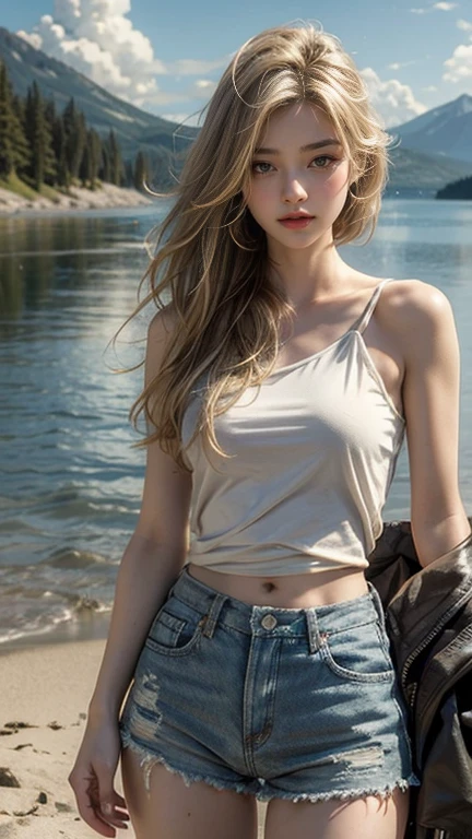 (masterpiece: 1.2, Portraiture, Highest quality), Realistic, (Live Action, Intricate details, Written boundary depth), Highest quality, masterpiece, Attention to detail, semi-Realistic, Swimming in the lake, shy, 2, Short blonde, blue eyes, blonde、 Slim figure、Shoulder Bare、Shorts and T-shirt 、Blue sky and a few clouds、Shoulder Bare