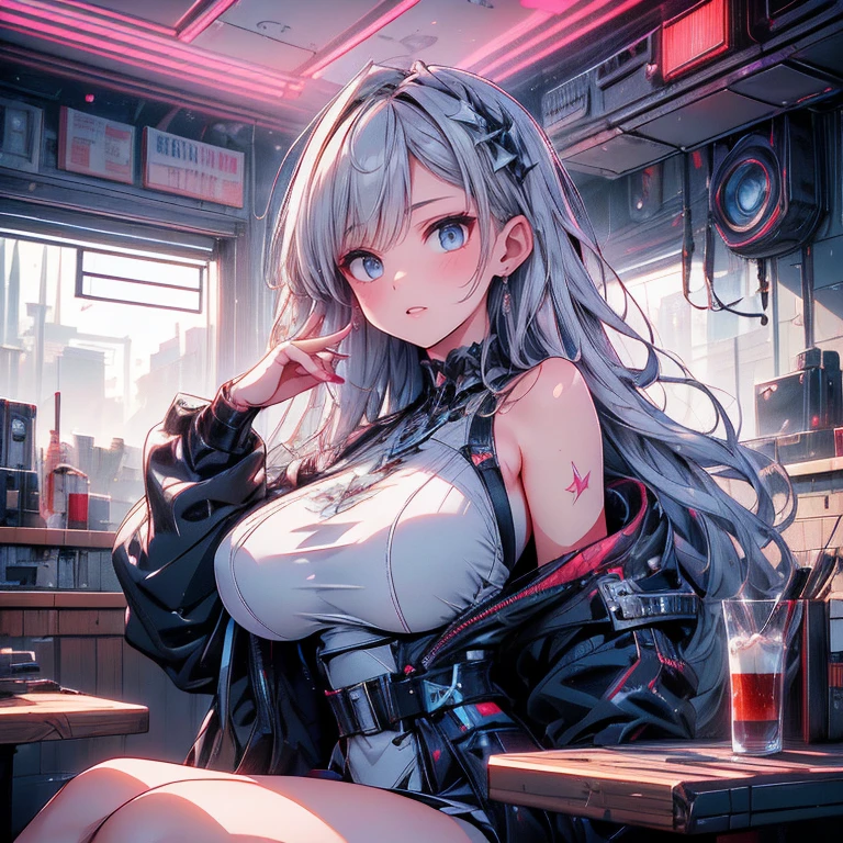 最high quality、best image quality、masterpiece、teenage girl((18-year-old、 By becoming、vest bust、medium bust,wide open breast tea、black eye, Glistening hair、Habitual hair、thin,highest valley、Have a smartphone、smug face、Holding a penlight、punk fashion、look back at the whole body)),high quality、beautiful art、background((Large PV studio、Red laser、black virtual space))debris flies、Depth of written boundary、movie、visual art、perfect art、8K,genuine