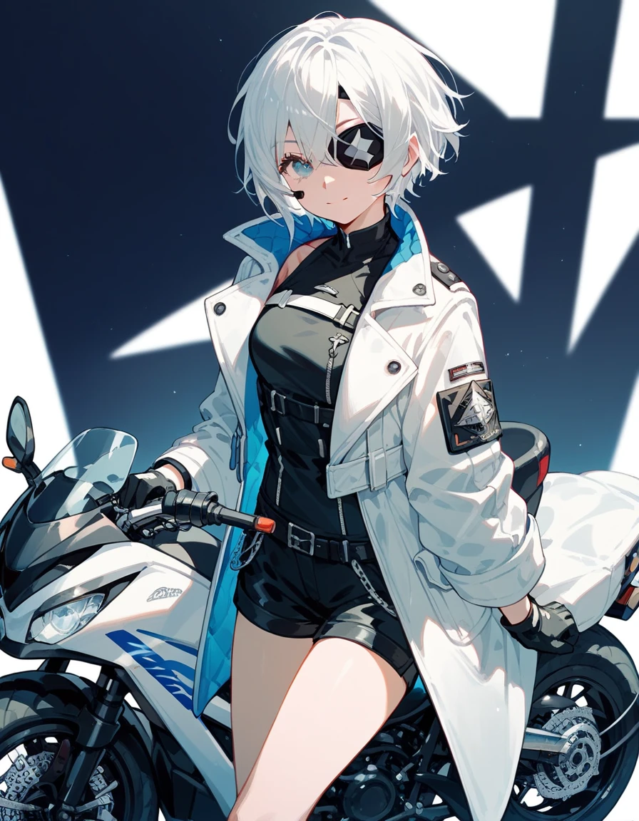  ,White hair,Short hair, in blue eyes, eyes patch, White coat, Medium Chest,cool, With Black Shorts ,Black shirt with black sleeves , shorts, wear gloves,Drive a big motorcycle in black,Cute girl