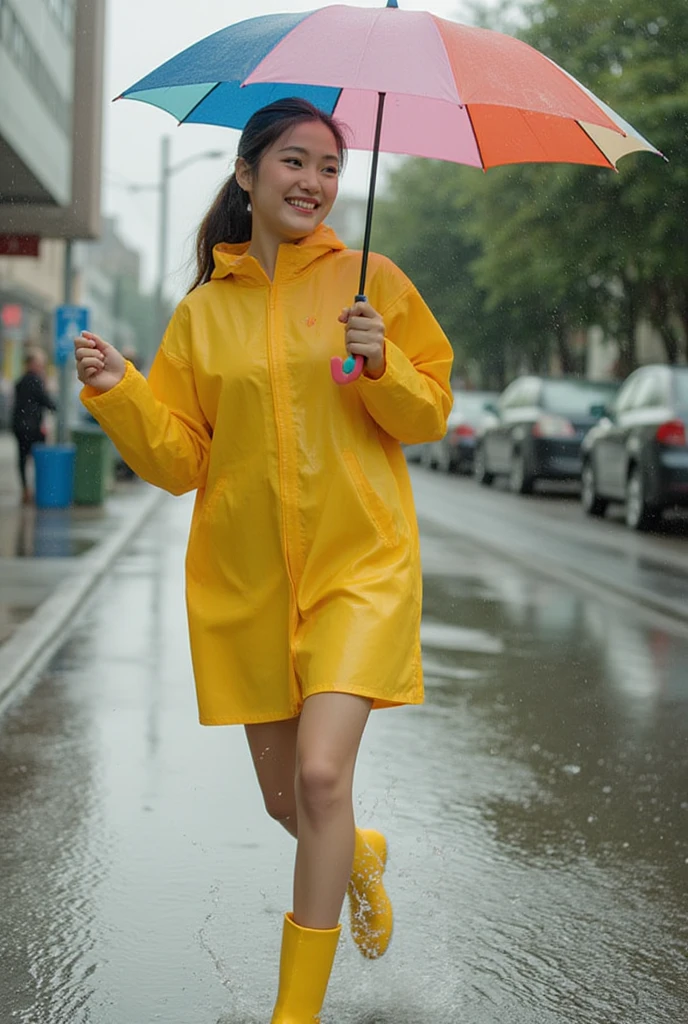 Thai woman, A playful Asian teenage girl in a bright yellow raincoat and matching boots, splashing joyfully in puddles on a rainy city street. Her hair is styled in a high ponytail, and she holds a colorful umbrella. Raindrops dance around her as she jumps with a big smile on her face, creating a lively and joyful scene. Detailed face, beautiful eyes, high resolution, photorealistic, rainy day lighting, vibrant colors, trendy fashion, city street backdrop, playful pose.