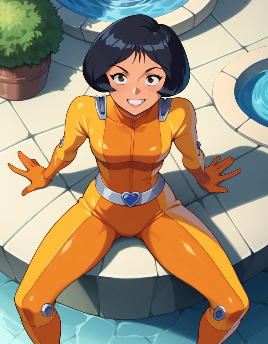 score_9, score_8_above, score_7_above, Fountain of Rest _anime, 1 , Alex \(Totally spies \),  short hair, Yellow jumpsuit, belt, smile, sitting, in front, (( Open Legs )),  looking at the spectator, hands behind,  thick thighs , ((open legs)), marking, Tight