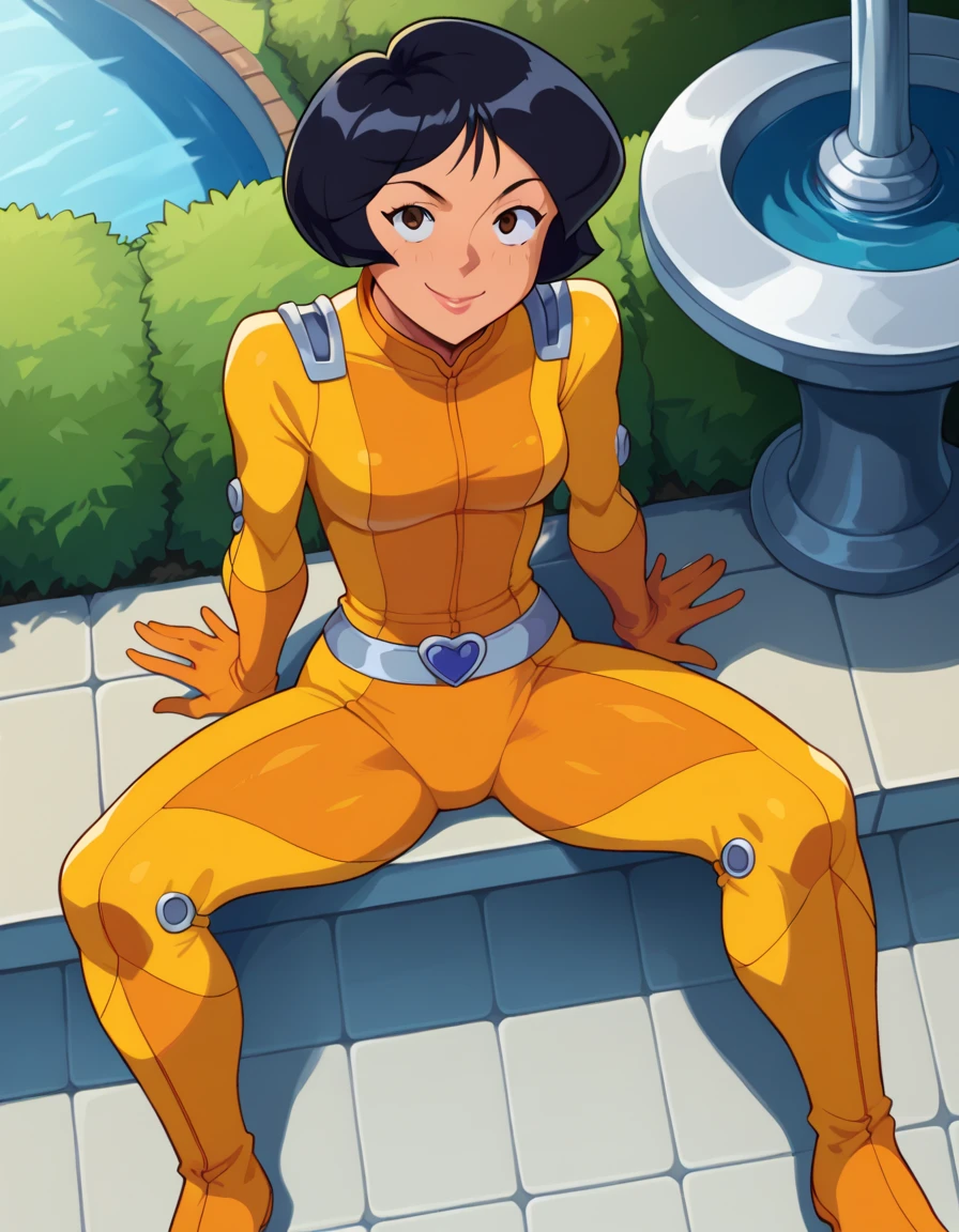 score_9, score_8_above, score_7_above, Fountain of Rest _anime, 1 , Alex \(Totally spies \),  short hair, Yellow jumpsuit, belt, smile, sitting, in front, (( Open Legs )),  looking at the spectator, hands behind,  thick thighs , ((open legs)), marking, Tight