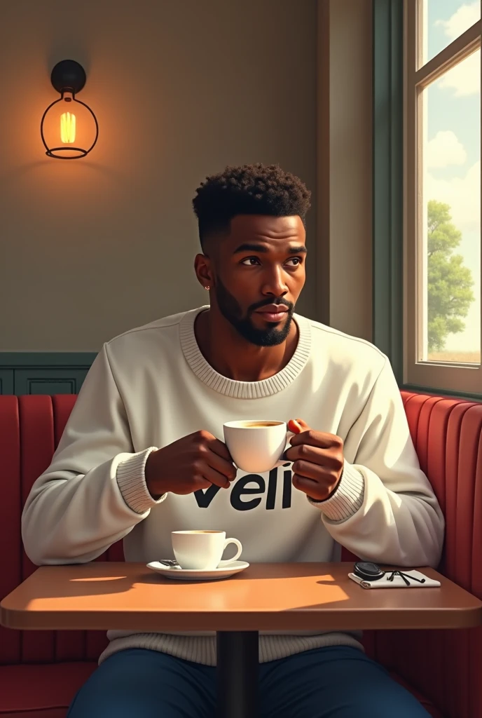 (young male waiter:1.4),(best quality),(awkward:1.2) demeanor, (keyhole cutout shirt:1.5),(grilled cheese, hot tea:1.4), Tea shop:1.2, Cafe, Fluffy Black (Full afro):1.4 hairstyle, Tanned skin, Freckles.