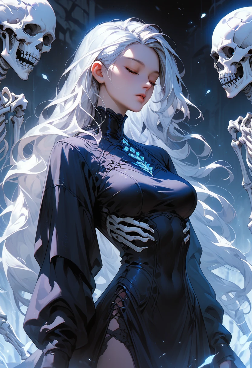 score_9,score_8_up,score_7_up, transluminescent,blue glowing skeleton,1girl,solo,long hair,breasts,long sleeves,standing,closed eyes,white hair,cowboy shot,outdoors, , 