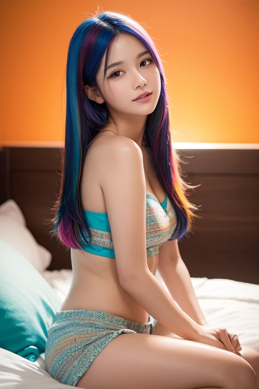 Photo of 18 year old girl with oriental features、RAW、Beautuful Women、(Extra long wavy brown hair)、((portlate))、((详细的脸:1.2))、((Detailed facial features))、(Fine skin)、pale-skinned、High Detail Deep Cleavage Body Comfort Mat Suit、megacity environment、(cold color)、moist、moist、Reflectors、(masterpiece)(perfectly proportions)(photos realistic)(top-quality)(detaileds)photographed in a Canon EOS R5、 50mm lens, F/2.8, HDR, (8k) (wall-paper) (电影灯光) (dramatic lighting) (foco nítido) (with an intricate) lo fashion、(camel's toe)、((Tokyo cityscape at night))、Thin and transparent underwear、((Hair with colored mesh:1.2))、(Colorful colored hair:1.3)、(Bright blue eyes)、((Very small sheer underwear))、Seductive open legs pose