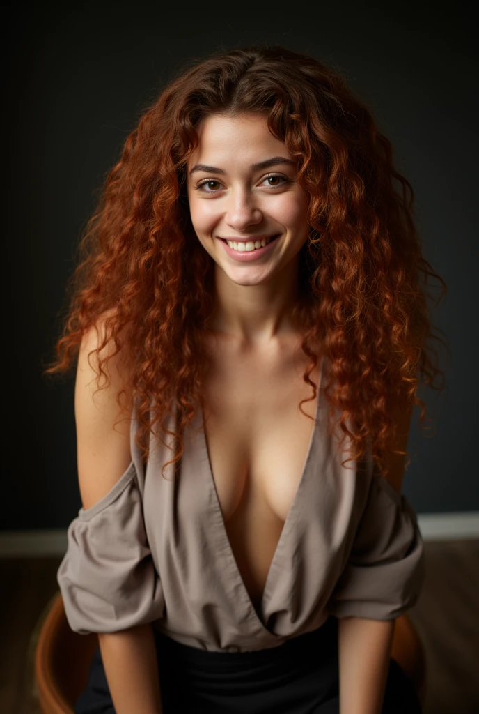 woman with medium hair, dark red, brown eyes, well-defined cheeks, larger nose, curly hair, robust body