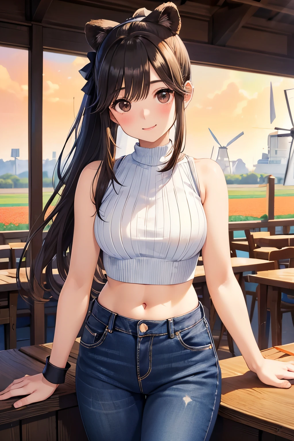 Takane Manaka、 Shiny brown long hair、White ribbon ponytail, beautiful brown eyed 、smile、Sparkling Eyes, (fine grain)、 lights 、 extremely detailed face, lights , masterpiece, best quality, Hi-Res, ( best quality,masterpiece:1.2),alone,alone、 cowboy shots、
One woman standing, ( watching the audience), (( Sleeveless Black Cropped Bear Shoulder Rib Knit、belly button))、denim pants、 ( orange theme ), ( mature woman :0.6), /( light brown hair /) bangs, Blushing gentle smile, ( best qualityのmasterpiece:1.2) are a delicate illustration , Super detailed, Big Break (Tulip Fields) ( bright color ), Colorful Tulips , Outdoor, ( Traditional Dutch Windmill ), blue sky, noon, horizon , detailed background