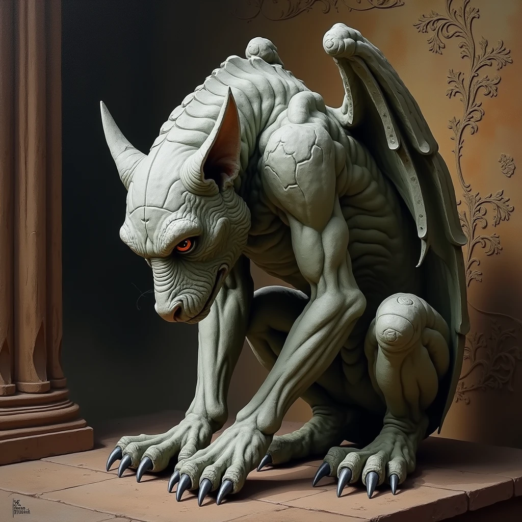 <lora:artfullygargoyle_sdxl_v1:1>,Logo,Gargoyles are magical creatures that were originally created by a very powerful cleric from stone statues. The first gargoyles were terrible winged stone monsters,designed to protect holy places from evil spirits. Still,during a huge magical battle,their inner being was altered and they became fully conscious creatures that have a very high affinity for magic. After centuries of magical modifications and enhancements,gargoyles are nowadays a very much changed race that is not warlike at all but rely entirely upon magic,