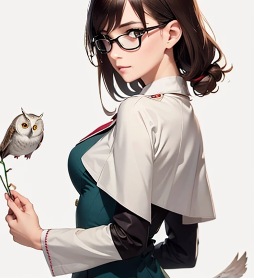 8620 (maitetsu),8620 (uniform),masterpiece,  best quality,  super detailed, Illustration, B in a capella , have ,Looking Back,:d,White background,((Eye Enhancement))， owl under guard，