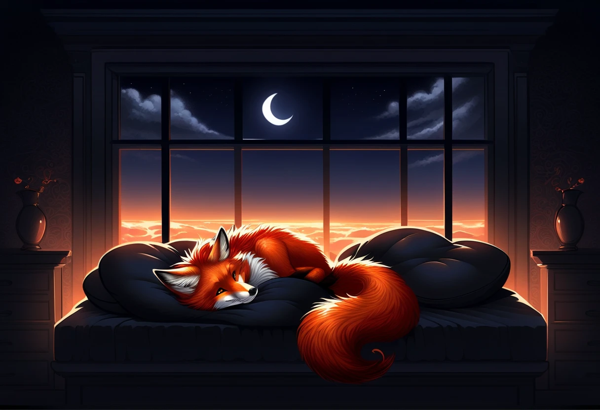 red fox, female, vixen, fox tail, gorgeous, majestic, elegant, mysterious, alluring, romantic, beautiful, sexy body, voluptuous, hair, scarlet hair, red hair, yellow eyes, smile, gazing at viewer with side eye, side view, full body, highres, perfect artwork, absurdres, rzminjourney, vector-art, curled up, tail curled up cuddling, curled up cutely, sleeping, sleeping cutely, waifu, on a bed, black pillow, in a bedroom, night, window with night sky and a half-moon, window, half-moon, pitch black night sky, safe for work, covered chest