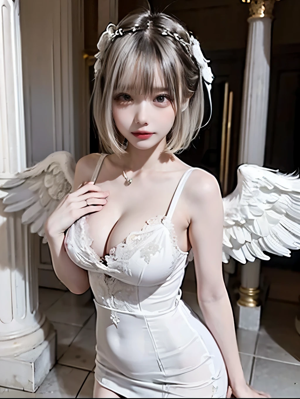 8K, Raw photo, Photorealistic, (Detailed skin, Best Quality:1.2), (Angel wings), ((White camisole dress)), (white head dress, bob hairstyle, bangs), Teenage girl with angel wings, in Greek temple, (cleavage, pale skin:1.2), thighs, deep fog, soft lighting