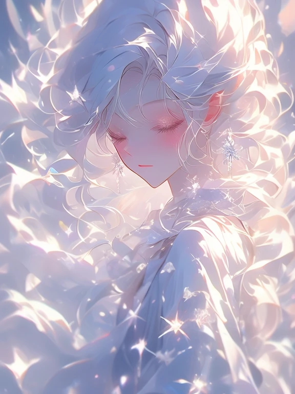 Snowy Night　 Diamond Dust　 an anime girl who listens closely and picks up sounds　whole body　Wrapped and floated 　Tender feelings　　