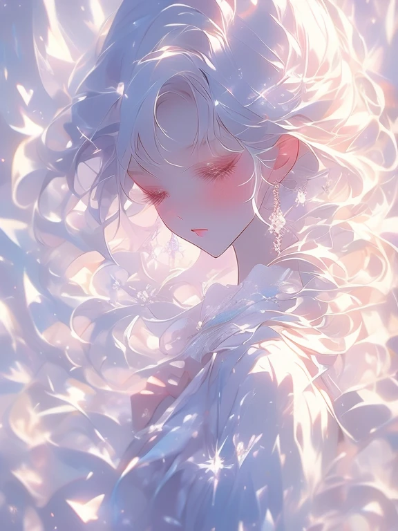 Snowy Night　 Diamond Dust　 an anime girl who listens closely and picks up sounds　whole body　Wrapped and floated 　Tender feelings　　