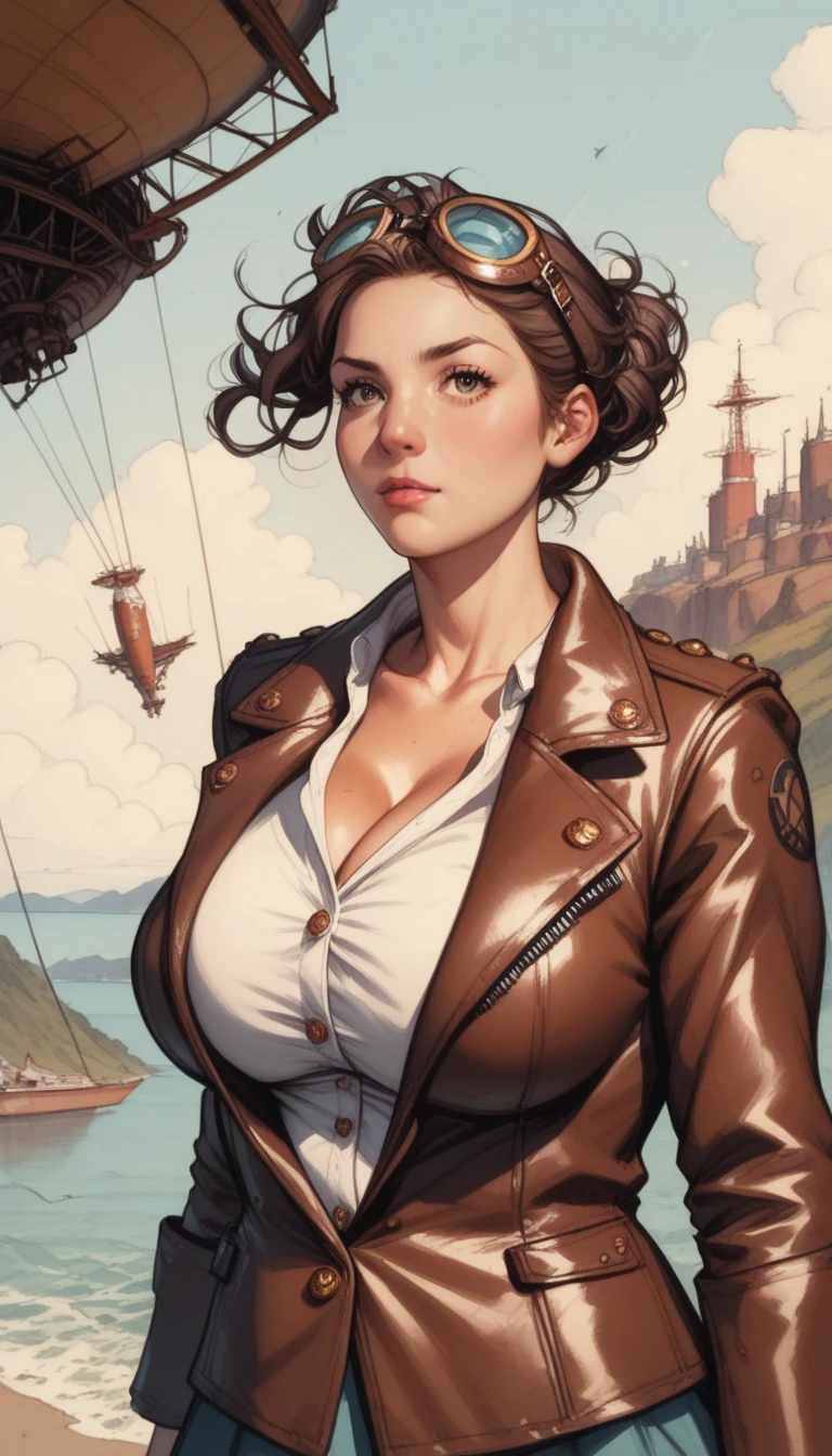 (Masterpiece, High Quality, 8K Resolution)
A steampunk aviator woman clad in a leather pilot jacket with brass buttons, long brown hair blowing in the wind, and goggles, standing beside a massive brass and wood dirigible airship, with propellers spinning in the background. , Anime style, , GeGe, brown eyes, brunette, huge breasts, deep cleavage, , (full-figured body)
, simple lines, romantic tones in a fantasy style (watercolor style, mixed with painting) (Surrealism), 