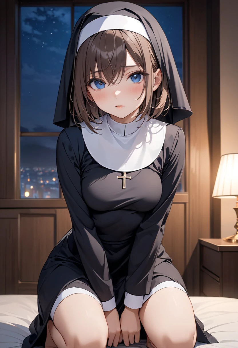 masterpiece,  best quality,  1 Girl , solo,  smaller breasts, Dark blue eyes, Brown Hair, Crossed bangs,  medium hair,  from the front, Nuns, Wear Nun Outfit, squat,   bedroom , (night景の見える窓)、night、