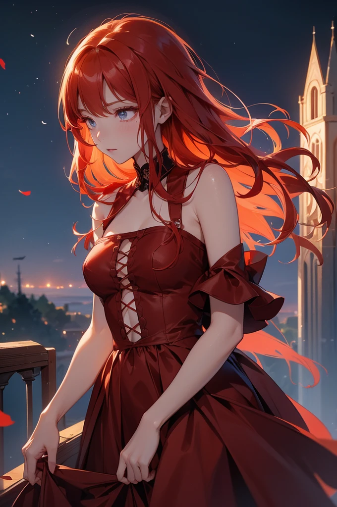 (Masterpiece, Best Quality, High Quality),Nishikino maki, solo, from behind, upper body, breasts,looking back, bangs, bare back, long_sleeves, dress, jewelry, purple eyes, upper_body, braid, sidelocks, choker, necklace, halo, red_dress, black_background