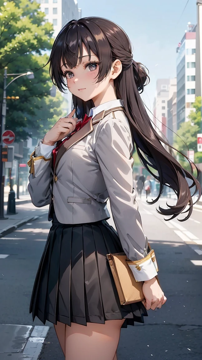 ((8K, Raw, Best Quality, Real 1.2), Ultra High Quality, High Resolution, Best Quality, Perfect Face, Perfect Limbs, Perfect Fingers, High Resolution, (Beautiful Anime Face, Cute Face, Detailed Face),-------Suou Yuki,Long Hair,Black Hair,French Braids,Hair Between Eyes,Parted Bangs,Brown Eyes ----red ribbon,  skirt, shirt, long sleeves, bow, school uniform, jacket, white shirt, pleated skirt, collared shirt, bowtie, black skirt, red bow, red bowtie, blazer, grey blazer, long sleeves,------ looking away from viewer, solo focus, paiyama, tree, shibuya japan, 109 intersection, real world location, landscape, outdoors, building, ground vehicle, road, street, car, city, daytime Best Quality Background, High Resolution Background, Highly Detailed Background --((Side View 1.3))),((Standing in the Middle of a Square 1.3))),((Waiting for Someone 1.3))),((Blushing and Embarrassed Expression 1.3)), miniature human hand, (((medium bust 1.3))), (((thin thighs 1.3))), perfect anatomy, perfect proportions, nice lighting, bright colors, clean lines, information, blurred, stunning facial expression, restless emotions, gorgeous and cute, beautiful face and eyes with every detail, (masterpiece) beautiful face, young and handsome girl, really perfect skin, blurred, facial expression, restless emotions, gorgeous and cute, beautiful face and eyes with every detail, (Audrey Hepburn), (cute), (J-POP idol), (thighs, (depth of field), (depth of detail), soft light, sparkling lens gaze, (droopy eyes)), straight teeth, shy smile, flowing hair,