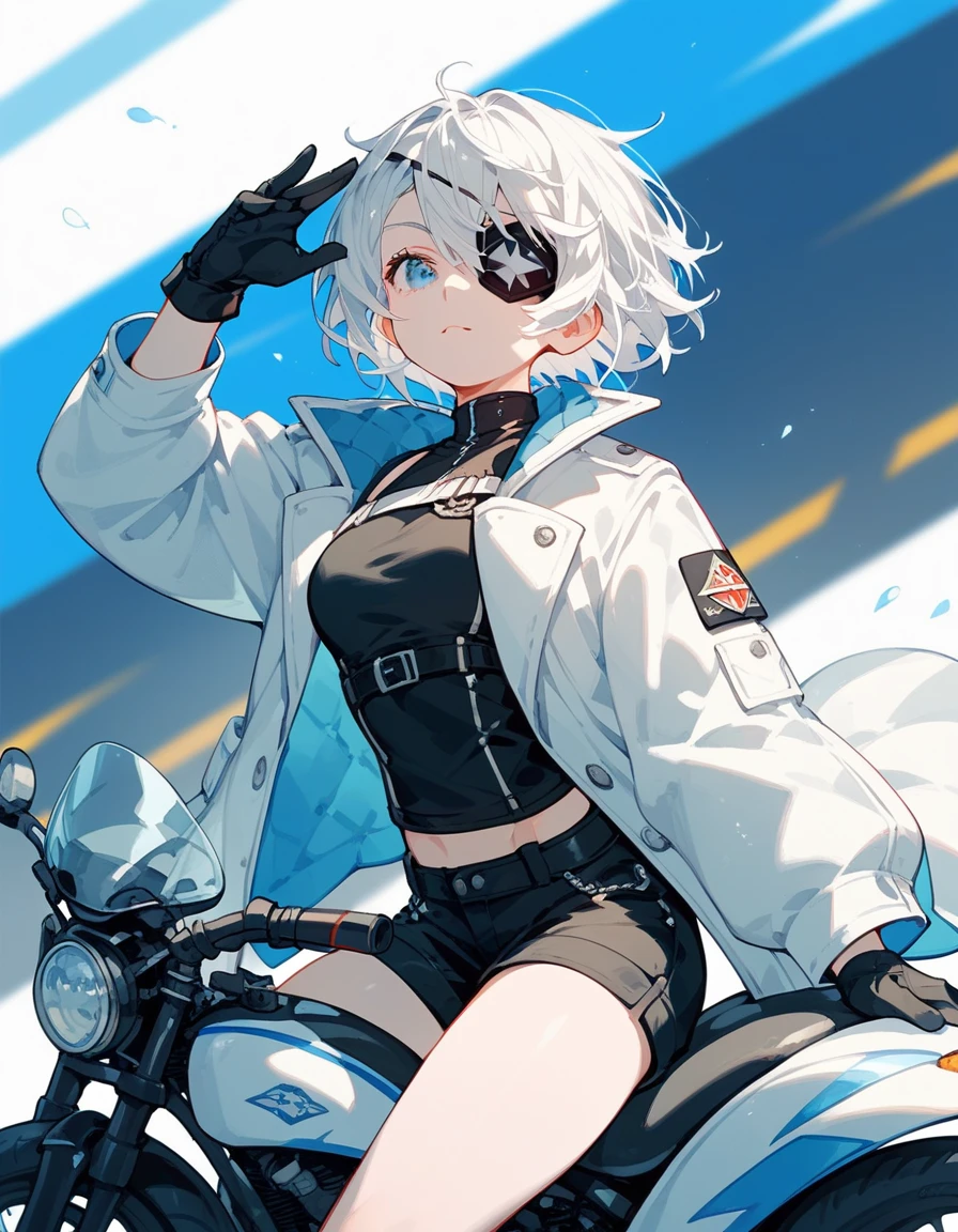  ,White hair,Short hair, in blue eyes, eyes patch, White coat, Medium Chest,cool, With Black Shorts ,Black shirt with black sleeves , shorts, wear gloves,Ride a big motorcycle in black,Cute girl