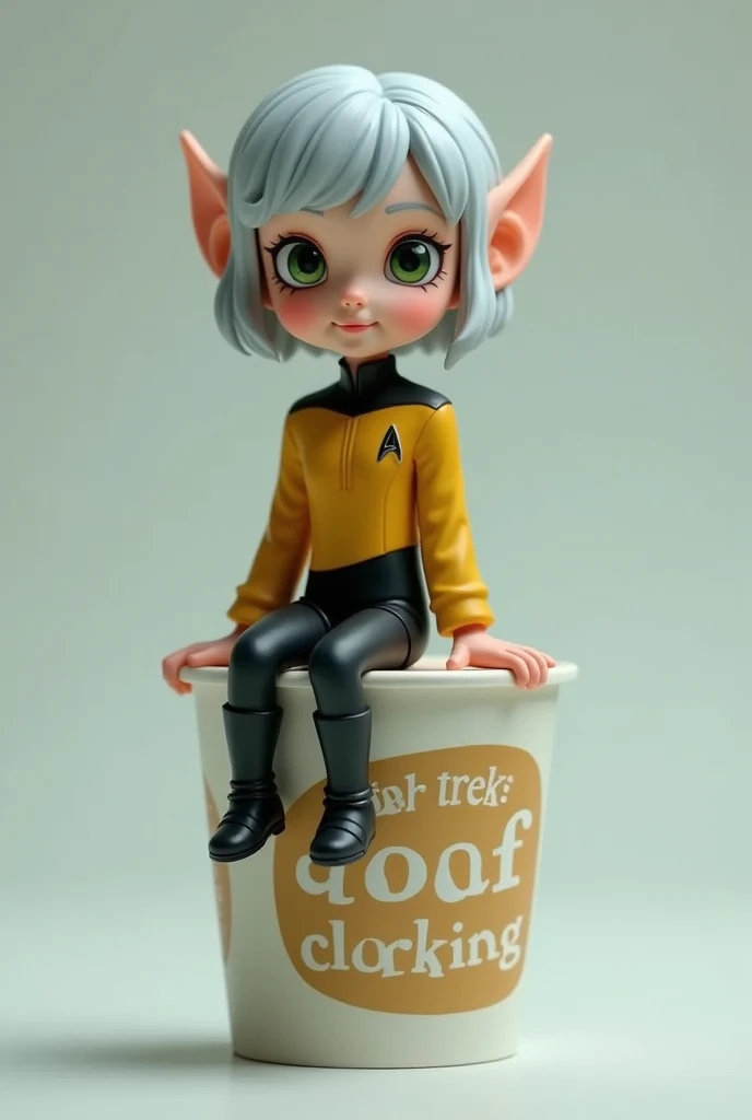 A cup noodle container with the product name printed on the side with the cover tightly closed, A small elf sitting on the edge of the cover, full body, PVC texture, silver bob hair, green eyes. Star Trek uniform, smile, super realistic, from above, Tilt lens photography, simple background