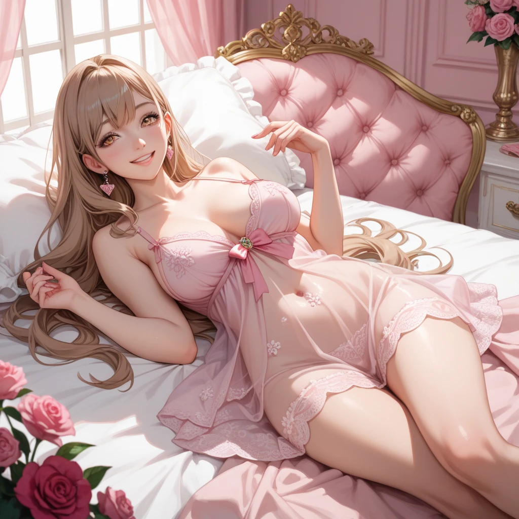 Character Mahiru Shiina , ,  a beautiful and charming girl , sweet thin smile ,rich luxury mansion , characters with long golden hair and light brown eyes,  Wearing a white and pink too thin nightgown , luxurious pink room ,  lying on the bed A luxurious pink color bed, 1girl,