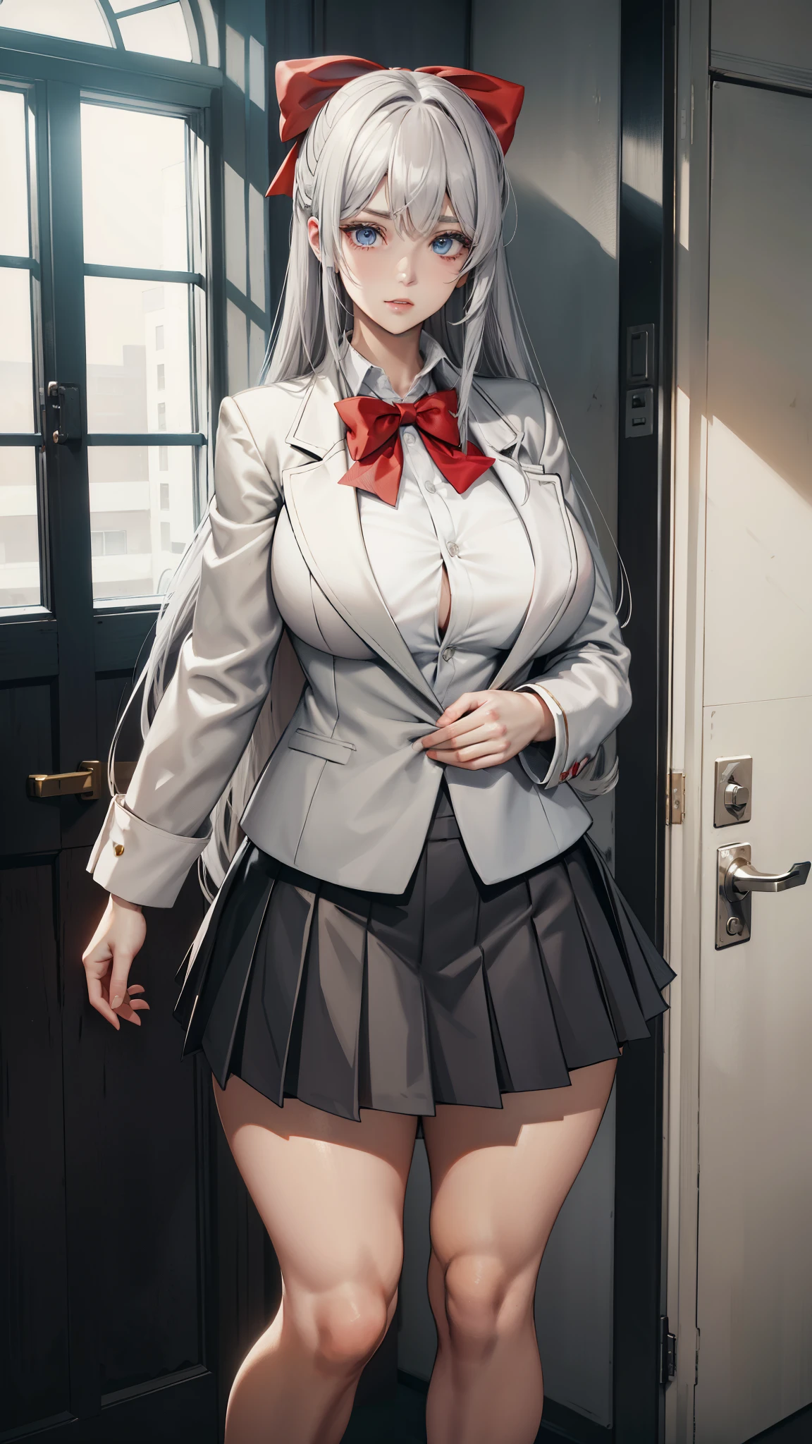 Aria,  1 girl, Lonely, Long Hair,  blue eyes, Ahog, bow, People are watching, red bow,  jacket, bowtie,  Long Sleeve , Chest,  shirt, open  jacket, red bowtie, door,  cowboy shooting , collared  shirt, indoors,  school uniform, Gray Hair,  standing, open clothes,  skirt, bangs,  skirt, grey  jacket, black  skirt, , pleated  skirt,  open lips, medium Chest, pleated  skirt, white  shirt,  hair between eyes, white  jacket, At hand,  casual suit, black  skirt, thigh, open door, door厅