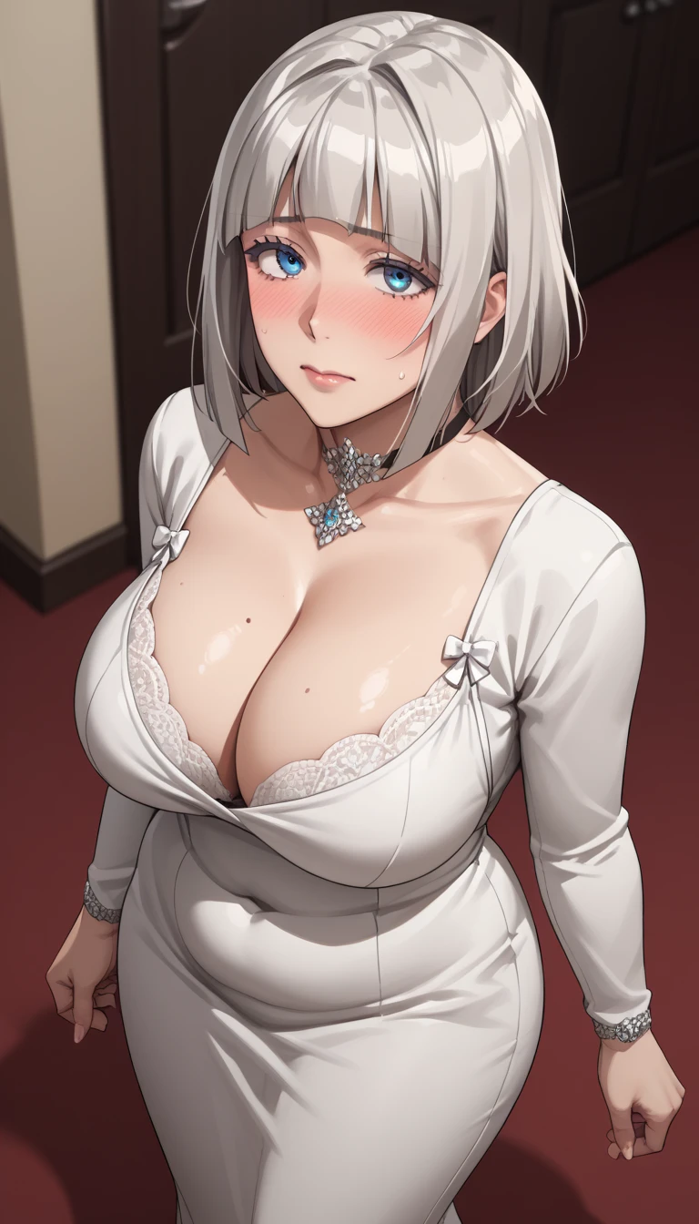 ANNA NISHIKINOMIYA,SHORT HAIR,SILVER HAIR,BLUE EYES,Score_9, Score_8_up, Score_7_up, Score_6_up, Score_5_up, Score_4_up, Source_anime, Tag1, Tag2, Quality_masterpiece, Anatomically correct, Beautiful face, Perfect face, Highly detailed beautiful face and eyes, Attractive face, Detailed face, Delicate facial features, Detailed skin, Huge breasts, Sensual woman, Mature female, Milf, Motherly, Elegant, Glamor, Bitch, Slut, Whore, Voluptuous, Seductive, Glamor, Love handle, Curvy, Plump, Embarrassed, shy, seductive BREAK high-angle view, fully clothed, 