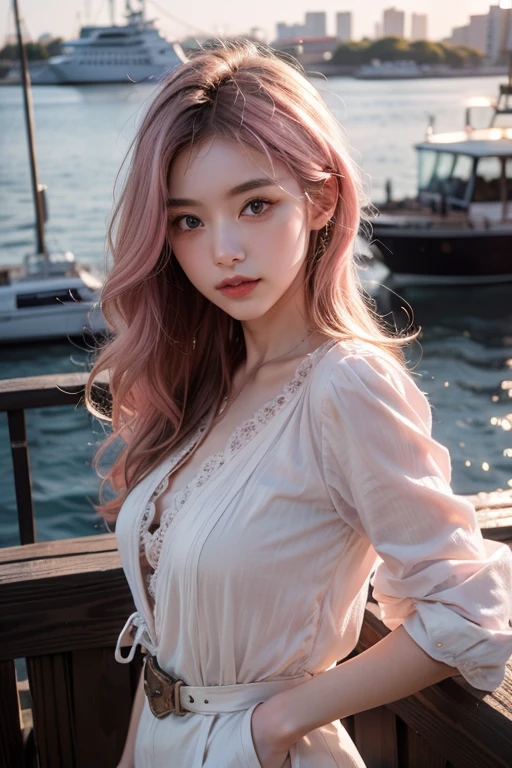 Light pink hair, Pink Eyes,  Fishing in the harbor, Vibrant colors, steampunk, blouse white、Paint Splash, Sun behind, Ray Tracing, Wavy long hair、sunshine, white parasol 